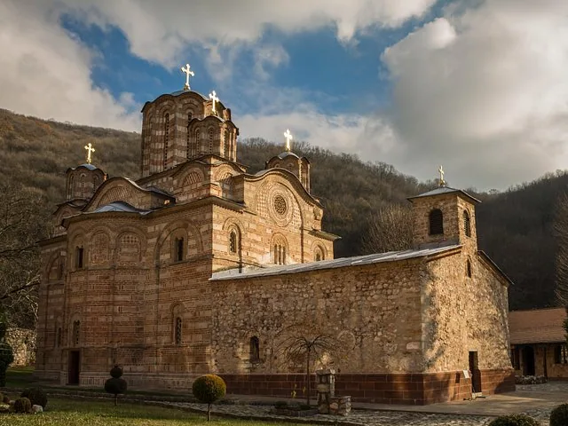 Stone orthodox church with multiple domes in Manasija Monastery